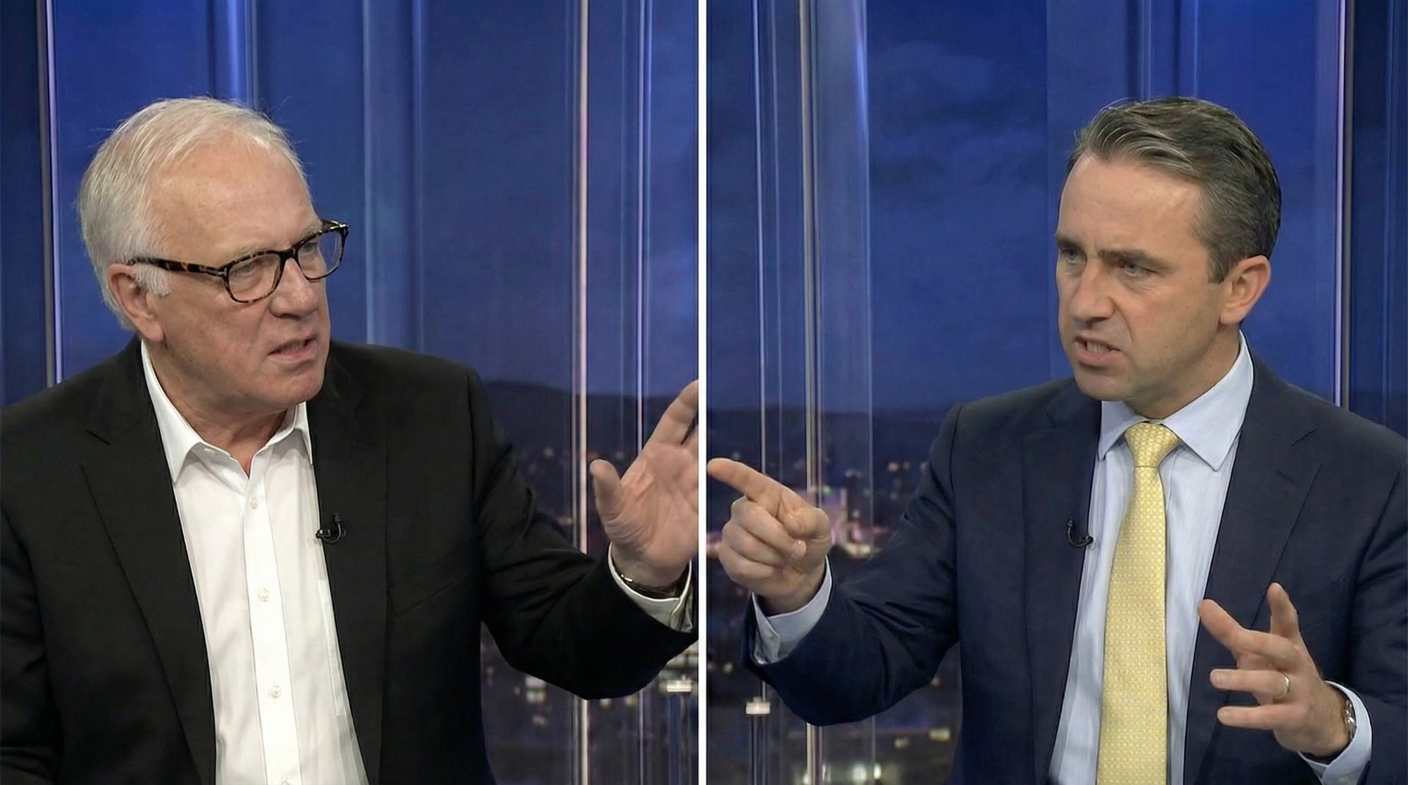 ABC Business Editor Alan Kohler (left) and Commonwealth Bank CEO Matt Comyn (right) moments before the explosive confrontation